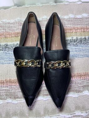 Paolo Black Pointed Toe Loafers with Gold Chain
